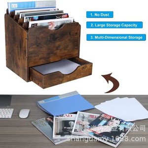 Retro wooden multi-compartment <b>file</b> <b>organizer</b> for office and living room desktops, walnut color. - Product Image 1