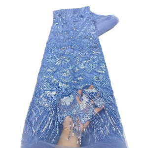 NI.AI Nouveau style de tissu en dentelle à paillettes et perles, tissu en dentelle brillante à sequins, tissu en dentelle à rayures et perles pour robe de mariée - Product Image 1