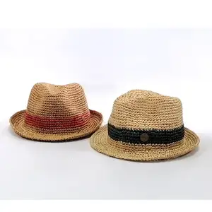 Handmade Women's Luffy Style Raffia Crochet Straw Fedora Hat for Summer Casual and Daily Use Made from Ribbon Material