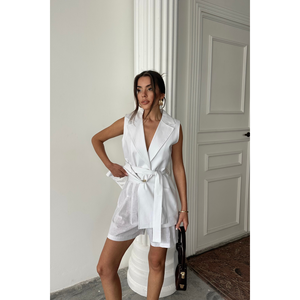 Ensemble short et gilet de sport 100 % lin pour femme, blanc, coupe ample, longueur au-dessus du genou, motif uni avec logo, pour l'automne et la maison - Product Image 2