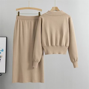 Meilleure vente femmes automne hiver ensemble simple boutonnage doux tricoté pull col rabattu poche personnalisé tricoté robe femmes - Product Image 5