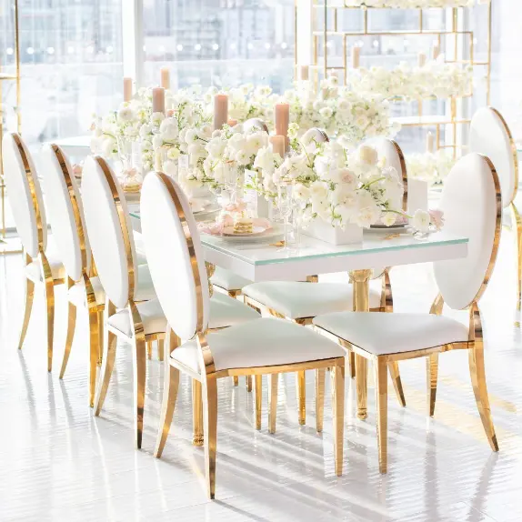 Empilhável novo estilo de luxo de aluguer de evento rodada de volta branco composto de ouro de volta cadeira louis