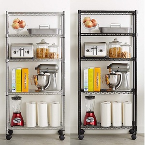 Multi use 4Tier Shelving Storage Shelf Rack Metal Wire Organizer Rack With Wheel Casters