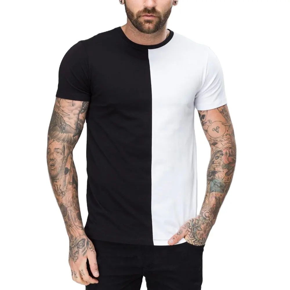 सस्ते थोक आकस्मिक 100% कपास टीशर्ट आधा काले आधा सफेद Mens दो टोन रंग ब्लॉक टी शर्ट