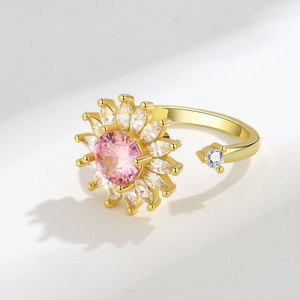 Grande bague fleur avec micro-incrustation de zircon, en cuivre plaqué or, bijou anti-stress pour femme - Product Image 4