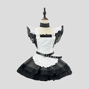 Angel Maid Subculture Dress Set Black White Pinstripe Short Skirt With Belt And Headwear Women Anime Costume Cosplay Outfit - Product Image 1