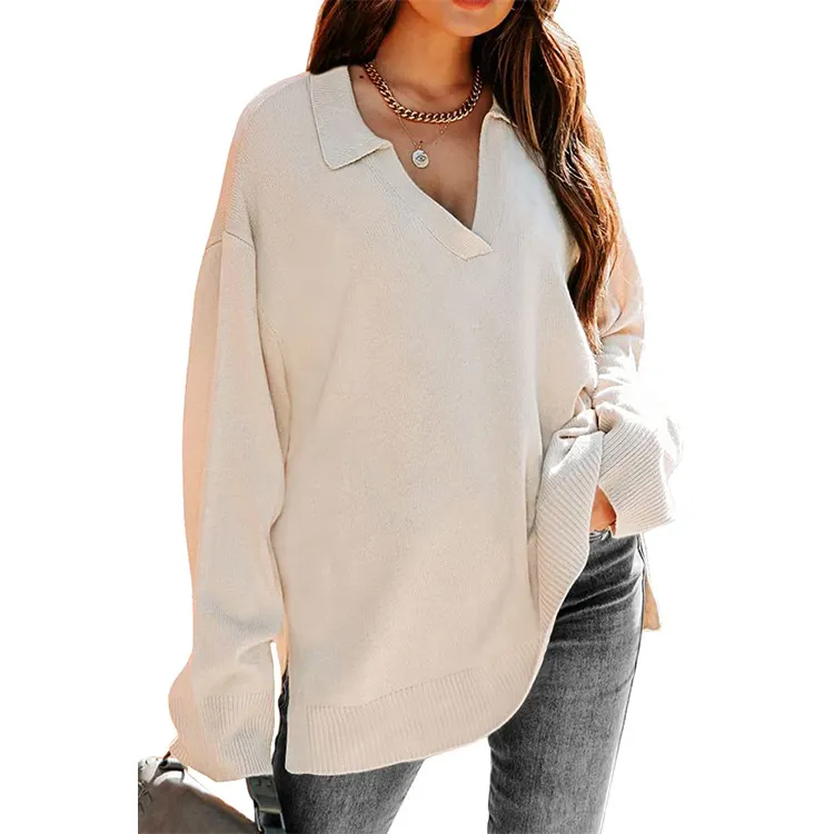 Womens V Neck Collared Oversized Fall Knit Tops 2023 Sexy Long Sleeve Tunic Sweater Pullover