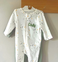 Pyjama grenouillère bébé personnalisé brodé avec nom, en coton côtelé à manches longues, avec fermeture éclair bidirectionnelle
