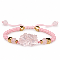 Bracelet Pixiu en quartz rose naturel fait main, cordon tressé noir réglable chic