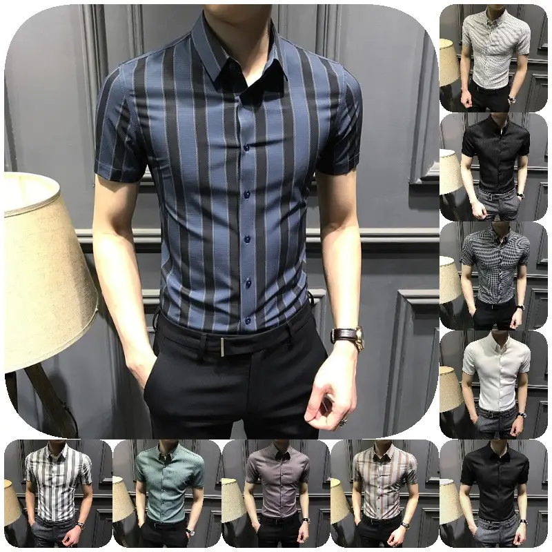 2023 High-quality new striped short sleeve shirt men's summer casual slim half sleeve business half sleeve non-ironing shirt