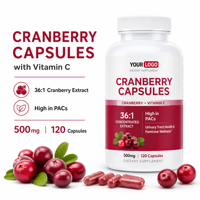 Capsules d'extrait de canneberge |   Vitamine C + Haute teneur en PAC |   Concentré de canneberge 36:1 |   500 mg 120 Capsules |   Marque privée OEM