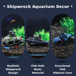 Décoration d'aquarium réaliste en forme de navire pirate en ruine, ornement de <span class=keywords><strong>bateau</strong></span> coulé en résine avec des cachettes en forme de grotte - Product Image 2