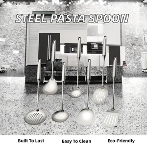 Ensemble de 7 ustensiles en acier inoxydable pour servir les pâtes : cuillère à spaghetti et passoire, compatibles lave-vaisselle et four, ustensiles métalliques durables - Product Image 2