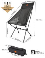 Chaise de camping pliable à dossier haut, cadre en fibre de carbone, siège en maille léger avec support de tête, poches latérales pour les voyages, OEM personnalisé