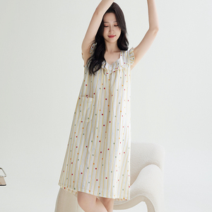 Pyjama en coton à col en v personnalisé pour femmes Robe de <span class=keywords><strong>nuit</strong></span> tachetée à rayures doux 100% coton décontracté été hiver automne printemps ODM approvisionnement - Product Image 1