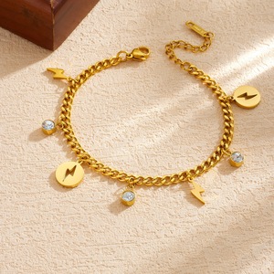 Gold Plated Stainless Steel Chain Bracelet With Lightning Bolt And Crystal Charms For Women Fashion Jewelry Gift - Product Image 3