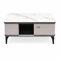 Table basse de salon moderne en bois élégant, style italien, avec pieds courbes fins, finition gris mat, tiroir à ouverture par pression et panneau en verre technologique, pour vente en gros