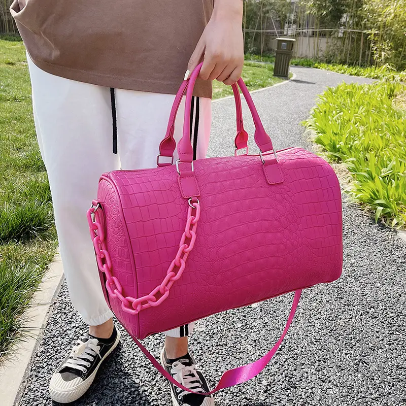 Bolsa de viagem duffel para academia, sacola de viagem rosa de grande capacidade, couro do vegan, para o fim de semana, para academia