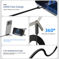 Câble USB-C de charge rapide 240W/65W/30W 5A avec support de téléphone pliable, 1,5 m, tressé en nylon, puce E-Marker, transfert de données 480 Mbps pour iPhone et ordinateur