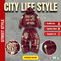 Ensemble de survêtement vintage 100% coton pour homme, imprimé graffiti délavé, deux pièces, style rétro streetwear, sweat à capuche et pantalon