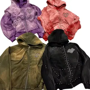 DIZNEW Custom 600 gsm oversized blank brand hoodies 100% cotton with zipper y2k heavy studded beaded hoodie