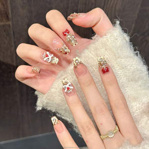 Faux ongles de haute qualité, motif Danse du Lion du <span class=keywords><strong>Nouvel</strong></span> <span class=keywords><strong>An</strong></span> Chinois, courts, forme cercueil, faits à la main, à presser - Product Image 3