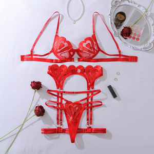 Vente chaude mince transparent maille soutien-gorge bref ensemble Sexy brodé en forme de coeur ensemble de lingerie - Product Image 6