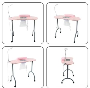 Table à ongles pliable rose, bureau de manucure portable, poste de travail pour salon de beauté avec lumière LED et support pour téléphone - Product Image 1