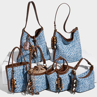 Tas Tote Anyaman Denim Vintage Baru Wanita Fashion dengan Tali Pegangan yang Dapat Disesuaikan, Penutup Ritsleting, Serbaguna untuk Bahu dan Selempang.