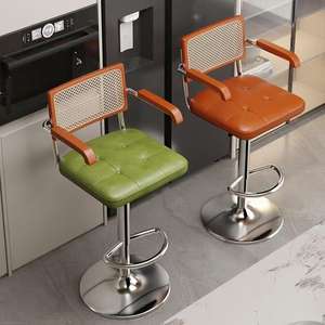 Taburete de bar con altura ajustable, estructura cromada, respaldo de ratán, silla giratoria para barra de bar - Product Image 3