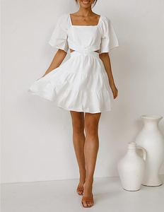 Robe d'été décontractée pour <span class=keywords><strong>femme</strong></span> à col carré, manches courtes, taille élastique croisée et découpes 2026 - Product Image 3
