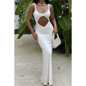 Vestido de Noche Blanco con Detalle de Ventana, Cintura Imperio, Talla XL, Estampado - Product Image 4