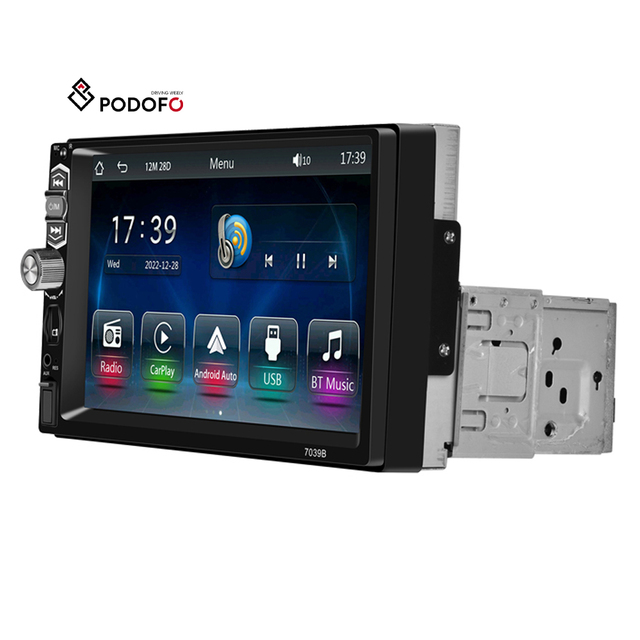 Podofo Single Din 7'' Car MP5 Player Wireless Carplay Android Auto Touch Screen Auto Electronics 7039B USB BT FM with Microphone