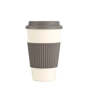 新设计环保饮具定制可重复使用的纤维咖啡杯，带硅胶盖套