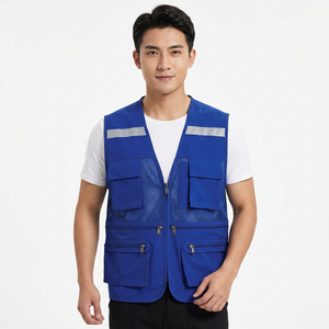 Chaleco sin Mangas Azul para Hombre con Múltiples Bolsillos, Cuello en V Transpirable, Corte Regular, Color Sólido, Ropa Casual de Verano - Product Image 1