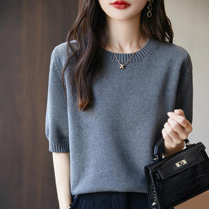 Camiseta de punto de manga corta para mujer, cuello redondo, holgada, talla grande, doble elasticidad, gruesa, antipilling, color liso, para uso diario - Product Image 2