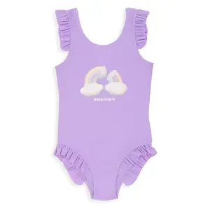 新款紫色一体式皱褶少女时尚比基尼儿童小女孩泳衣