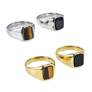 Classic Unisex Geometric Square <b>Ring</b> Natural Stone Bezel Setting Silver Plated Stainless Steel Trendy Fashion Jewelry Daily Wear - Product Image 1