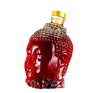 Botella de vino de cristal con forma de Buda, transparente, con corcho, 750ml, venta al por mayor