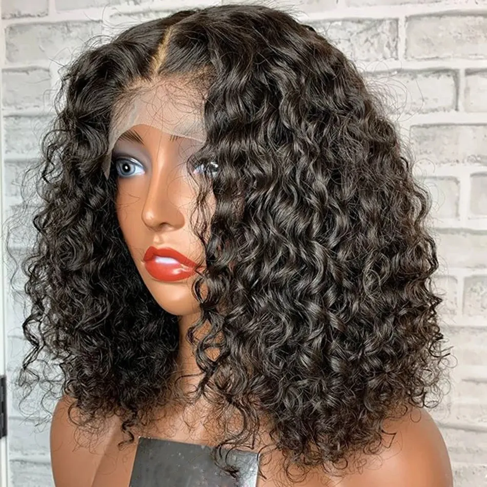 Wholesale 13*4 HD Lace front size Kinky curl Short Bob Virgin Brazilian Human hair Deep wave uticle wigs For black woman