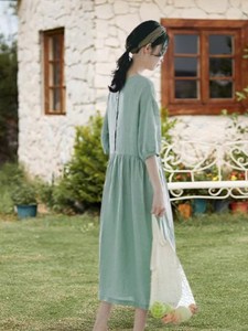 Vestido Maxi de Lino Liso Teñido a Medida para Mujer, Cuello en V, Corte Regular, Manga Corta, Ropa Casual, Proveedor Mayorista - Product Image 2