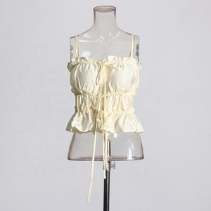 OUDINA Nueva plisada con cordón <span class=keywords><strong>Hort</strong></span> Sling Color sólido Crop Tank Top Camisolas Camisetas sin mangas para mujer - Product Image 1