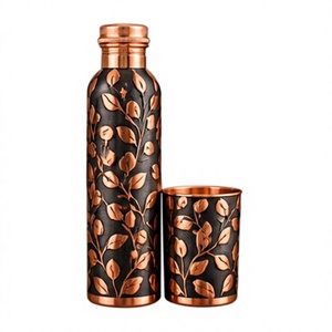 Luxury Copper <b>Water</b> <b>Bottle</b> with Leaf Pattern Portable Travel Flask <b>Metal</b> Drinkware Set - Product Image 1