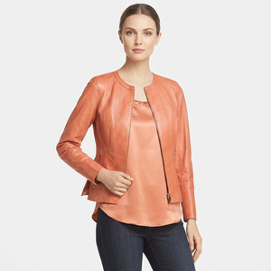 <b>Womens</b> <b>Tan</b> Leather <b>Jacket</b> Round Collar Full Zip Casual Outerwear Long Sleeve Real Leather Coat Ladies Elegant Fashion <b>Jackets</b> - Product Image 1