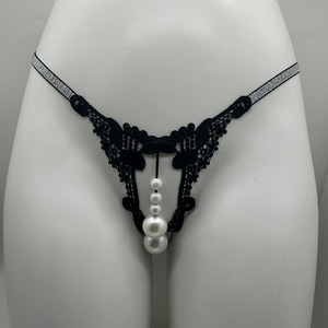 Ding Zhi Mei String sexy en dentelle noire avec perles, entrejambe ouvert, accessoires intimes pour femmes - Product Image 1