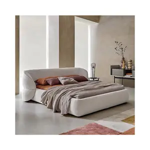 Conjunto de mobília de quarto luxuoso de couro branco iluminado com moldura de madeira para vilas, cama de casal elegante cinza nuvem king size, desenho 3D