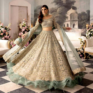 off Shoulder Floor-Length Plus Size Bride Lehenga Set Lace Ruffle Crystal Embroidery Wedding Dress Two Piece Bridal Outfit - Product Image 1