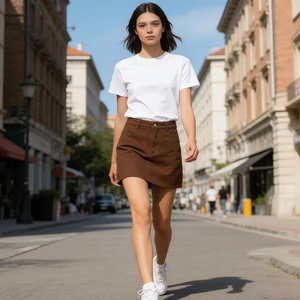 <span class=keywords><strong>Jupe</strong></span> en jean décontractée coupe droite pour <span class=keywords><strong>femme</strong></span>, <span class=keywords><strong>taille</strong></span> <span class=keywords><strong>haute</strong></span>, marron, courte, style rétro, mini, boutonnée sur le devant, unie, délavée claire, pour l'été et les fêtes - Product Image 5