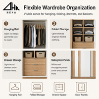 Armoire coulissante en bois avec tringle de suspension, étagères, paniers et trois tiroirs – Organisateur de placard pour chambre à coucher