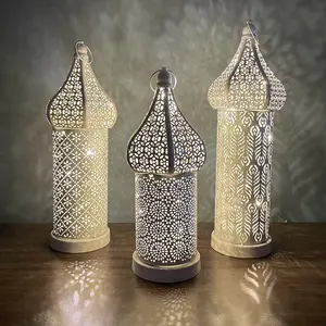 Linterna Led de Ramadán marroquí, farol Retro calado, artesanías de Metal, Eid Mubarak, regalo, velas, decoración de Mesa Grande